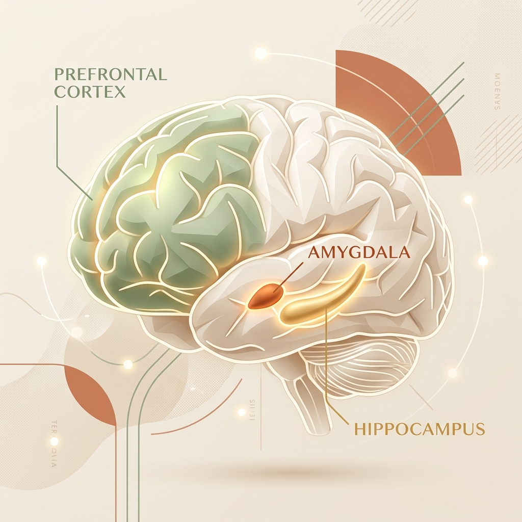 Brain showing amygdala, prefrontal cortex, and hippocampus